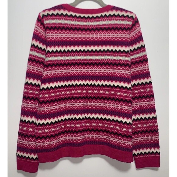 Talbots Fair Isle Lambswool Blend Cardigan Sweater Womens L Pink Wht Blk Button - Picture 4 of 7